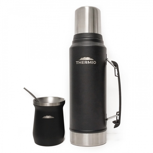 Combo Termo Thermio Classic 1l + Mate Y Bombilla Acero Negro