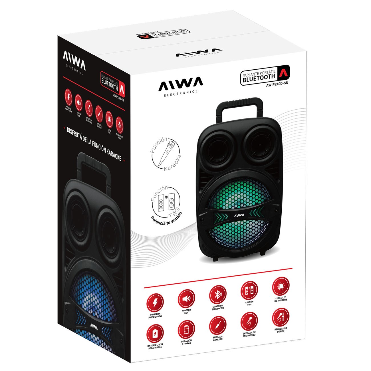 Imagen Parlante Portátil Aiwa Aw-p240d-sn 8w Rms 8" Bluetooth