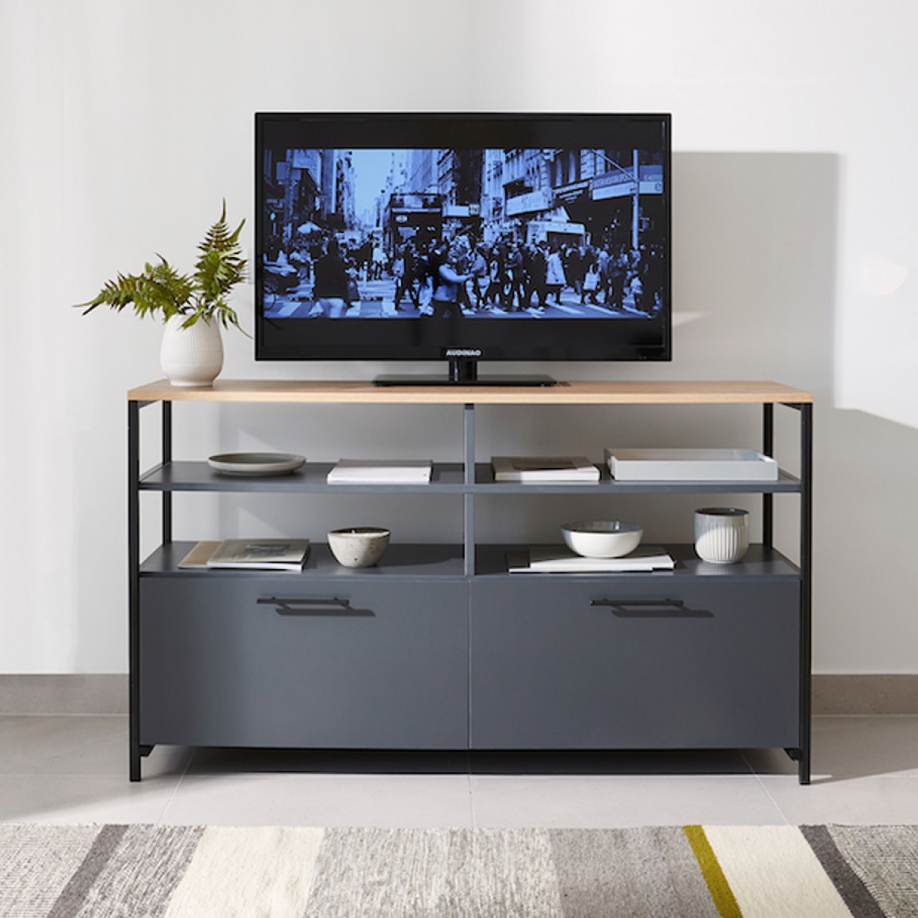 Imagen Rack De Tv Silcar 140x80x39 Ca&ntilde;o Negro Mela Olmo Grafito